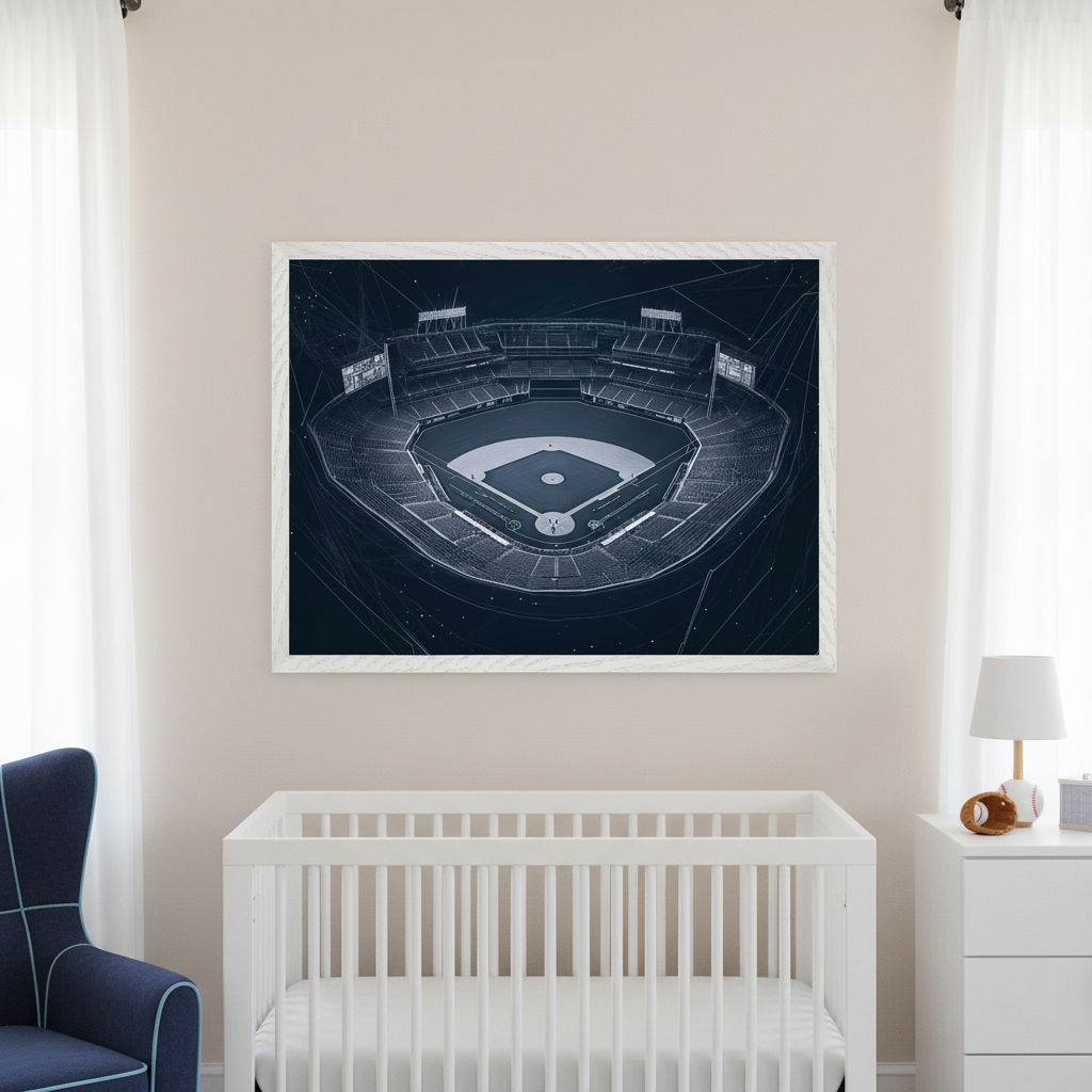 Nursery with a white wooden crib, a dark blue armchair, and a white dresser. A large white-framed blueprint-style print of a baseball stadium, viewed from above, hangs centered above the crib.