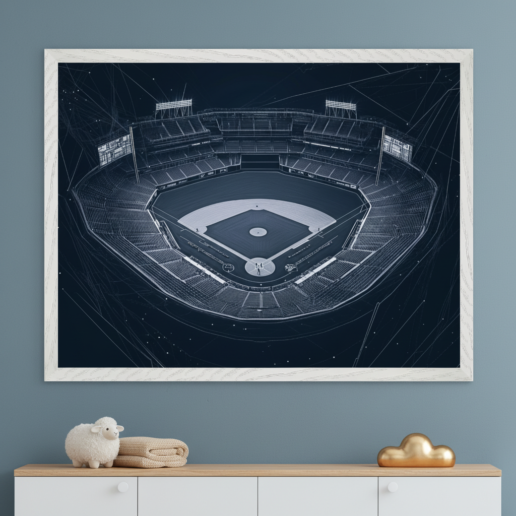 Framed digital artwork of a baseball stadium at night, rendered in a dark blue and white wireframe style that highlights the field, stands, and structural details. Displayed above a white dresser with a plush sheep, folded towel, and a golden cloud decor piece, the image brings a modern, sporty edge to the room.
