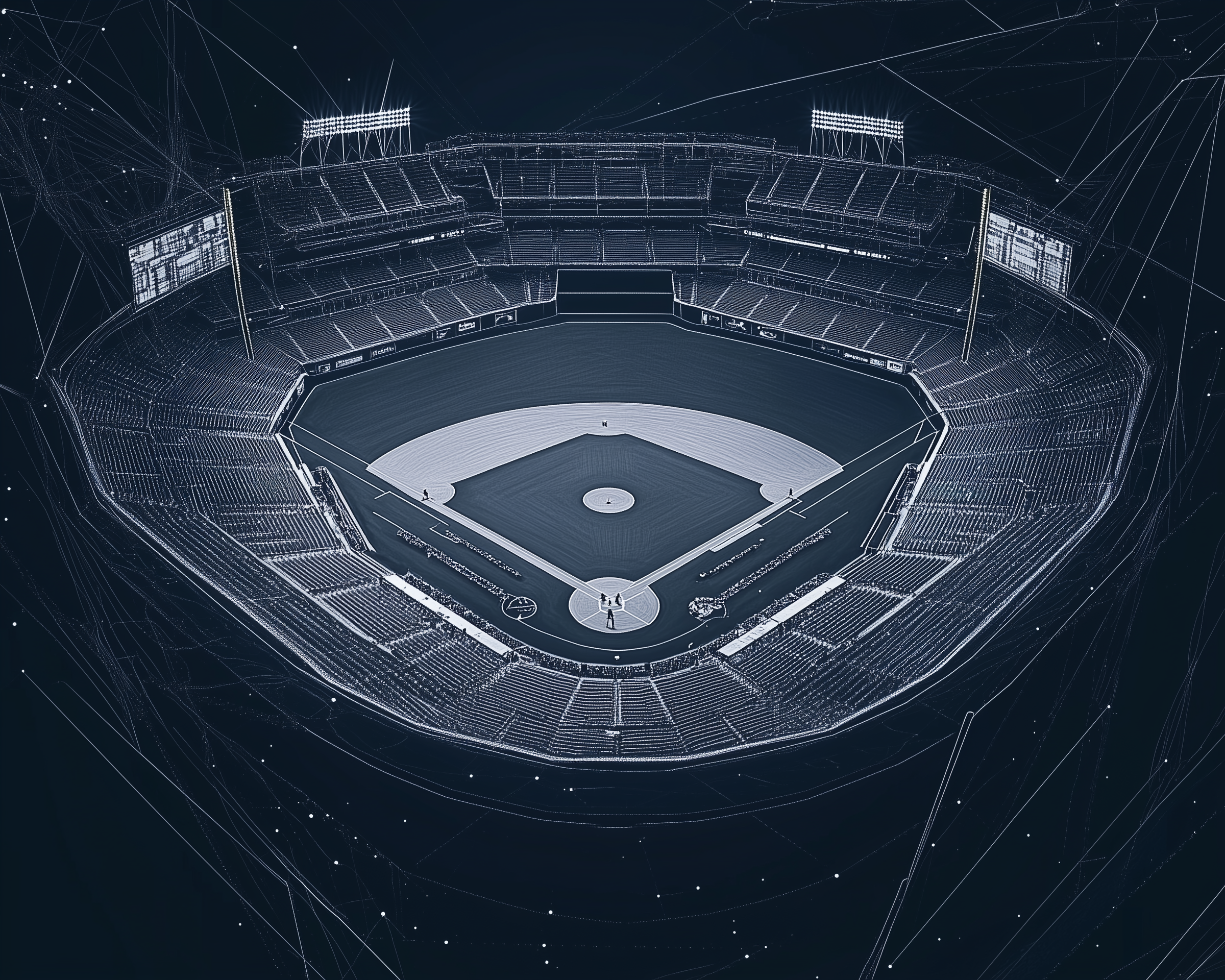 A digital rendering of a baseball stadium, with intricate white lines outlining the empty seating, field, and surrounding structures under a dark blue sky, creating a futuristic and geometric appearance.