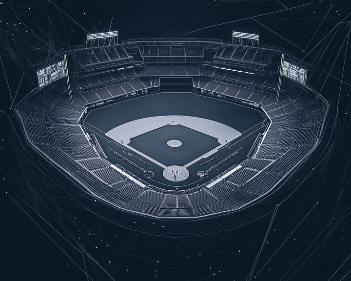 A digital rendering of a baseball stadium, with intricate white lines outlining the empty seating, field, and surrounding structures under a dark blue sky, creating a futuristic and geometric appearance.