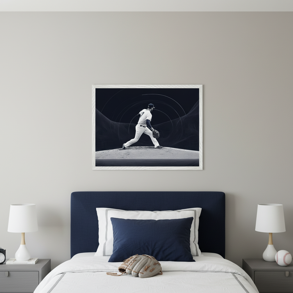 Modern bedroom with a blue-headboard bed. A large framed black and white print of a baseball pitcher on a mound with abstract lines hangs centered above the bed. Grey nightstands with white lamps are on either side.