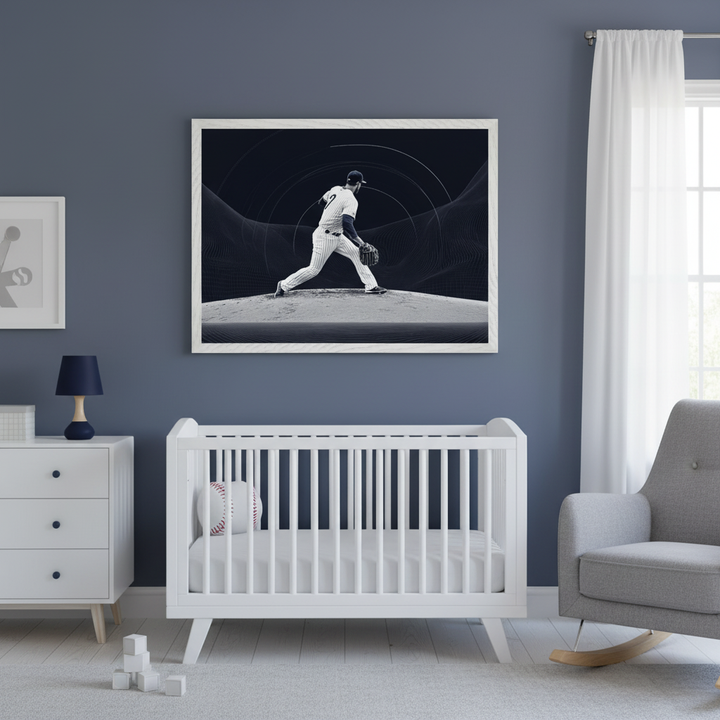 Modern nursery with a white crib, dresser, and gray rocking chair. A large framed black and white print of a baseball pitcher on a mound with abstract lines behind him hangs centered above the crib.