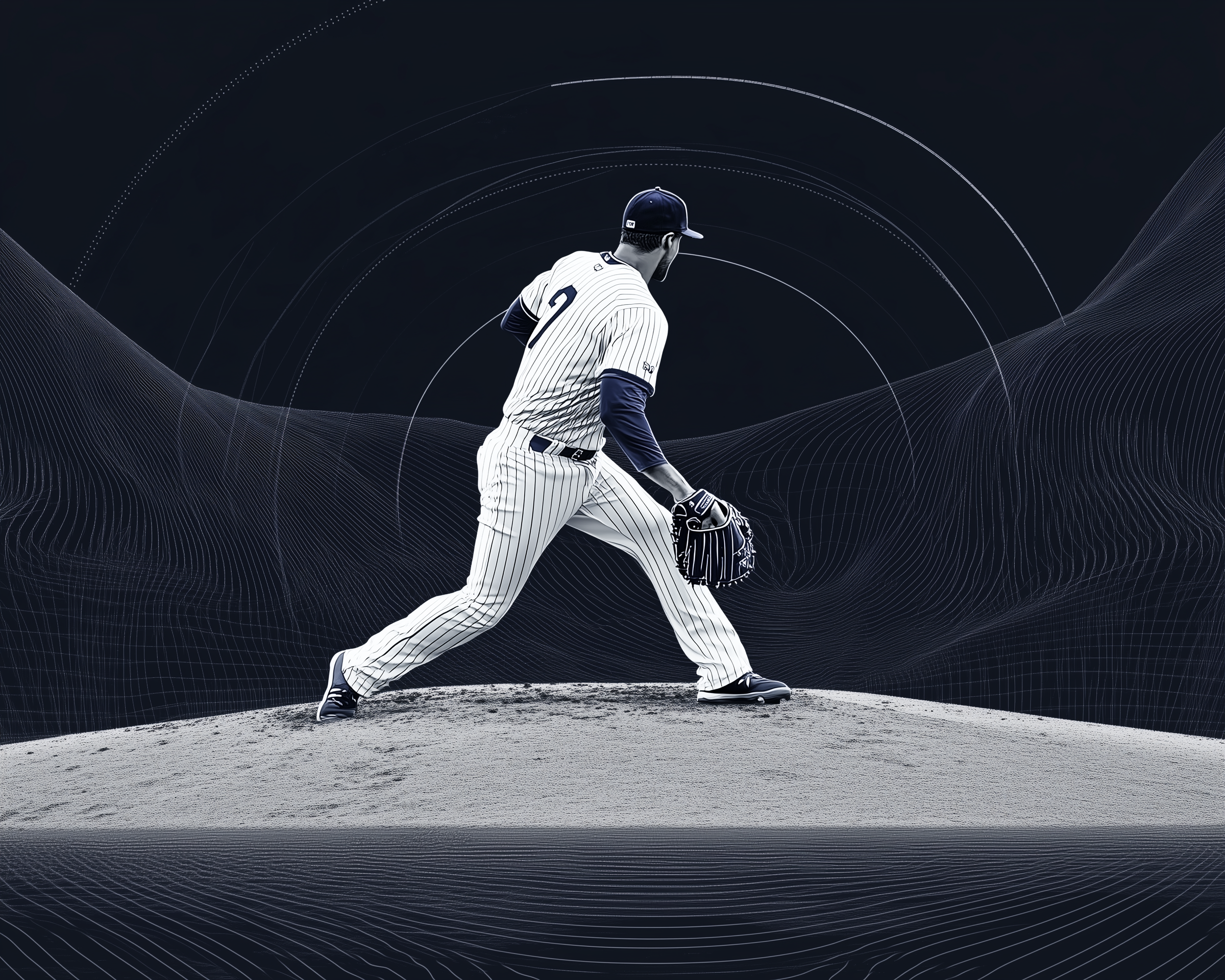 A baseball player in a pinstriped uniform stands poised on the pitcher's mound, ready to throw the ball. The background features dynamic, abstract lines creating a sense of motion and energy.