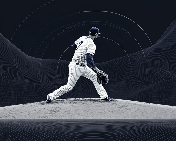 A baseball player in a pinstriped uniform stands poised on the pitcher's mound, ready to throw the ball. The background features dynamic, abstract lines creating a sense of motion and energy.
