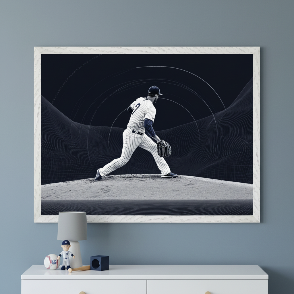 A framed artwork of a baseball pitcher in mid-throw on a mound, wearing a pinstriped uniform, stands out against a dark abstract background with curved line patterns. Positioned above a white dresser with a baseball-themed lamp, figurine, and ball, the scene blends sports action with modern design elements.