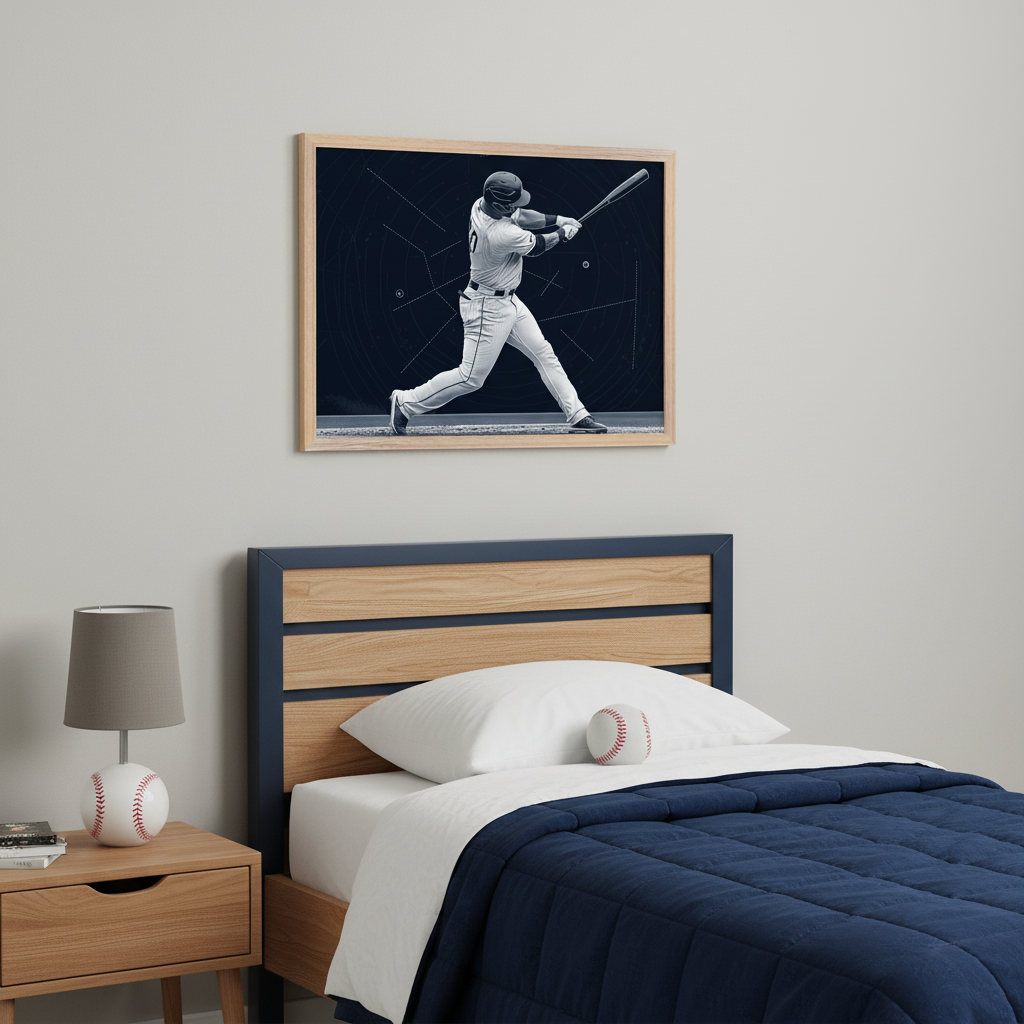 Kid's baseball-themed bedroom with a wooden bed, navy headboard, blue comforter, and a baseball on the pillow. A framed monochrome print of a baseball player mid-swing against a dark background with geometric lines hangs above the bed. A wooden nightstand with a baseball lamp is to the left.