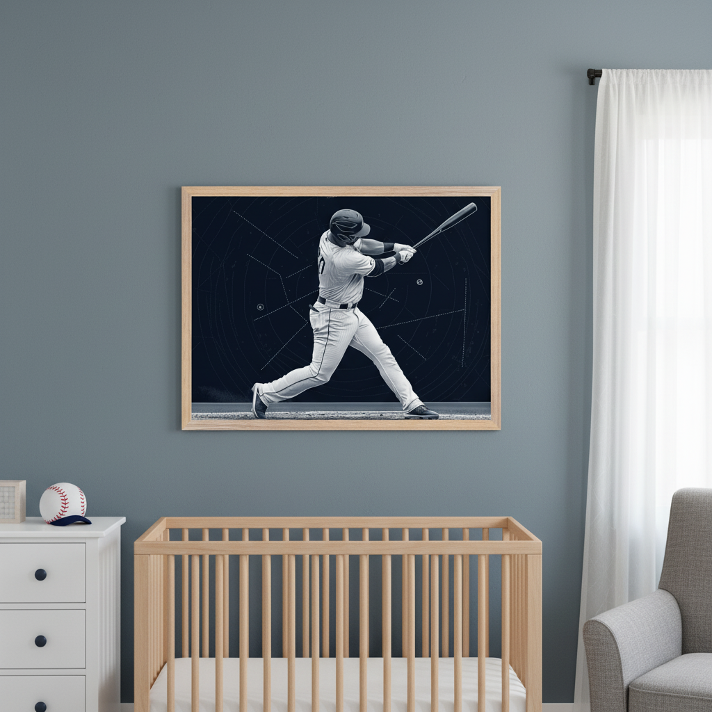 Modern nursery with a light wood crib, white dresser, and gray armchair. A large framed black and white print of a baseball player swinging a bat, with a dark background and faint white lines, hangs on the blue-gray wall above the crib.