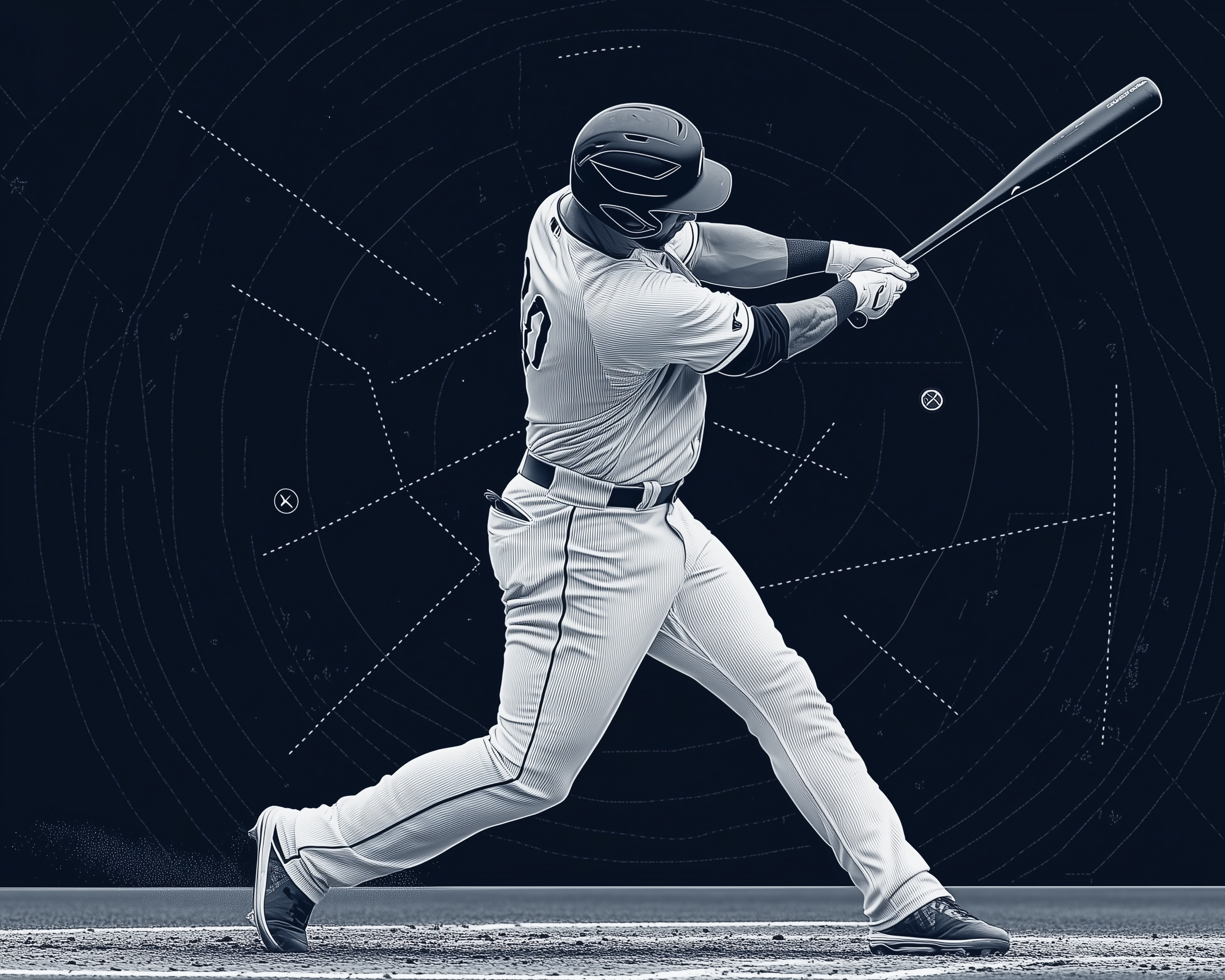 A baseball player in a dynamic batting pose, wearing a helmet and uniform with the number 10, swings a bat with precision. The background features a geometric design of lines and circles, adding a modern, artistic touch to the scene.