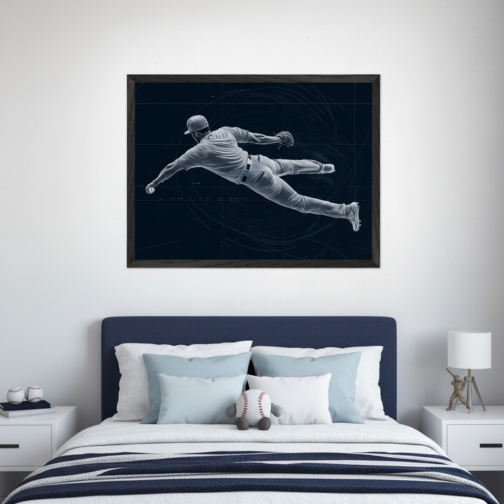 Modern kid's bedroom with a blue bed and white nightstands. A large framed blueprint-style artwork of a baseball player diving for a ball is centered above the bed.