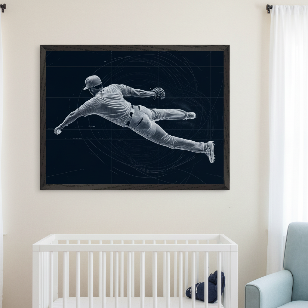 Modern nursery with a white crib and light blue armchair. A large framed print of a baseball player diving in a blueprint-style rendering hangs centered above the crib.