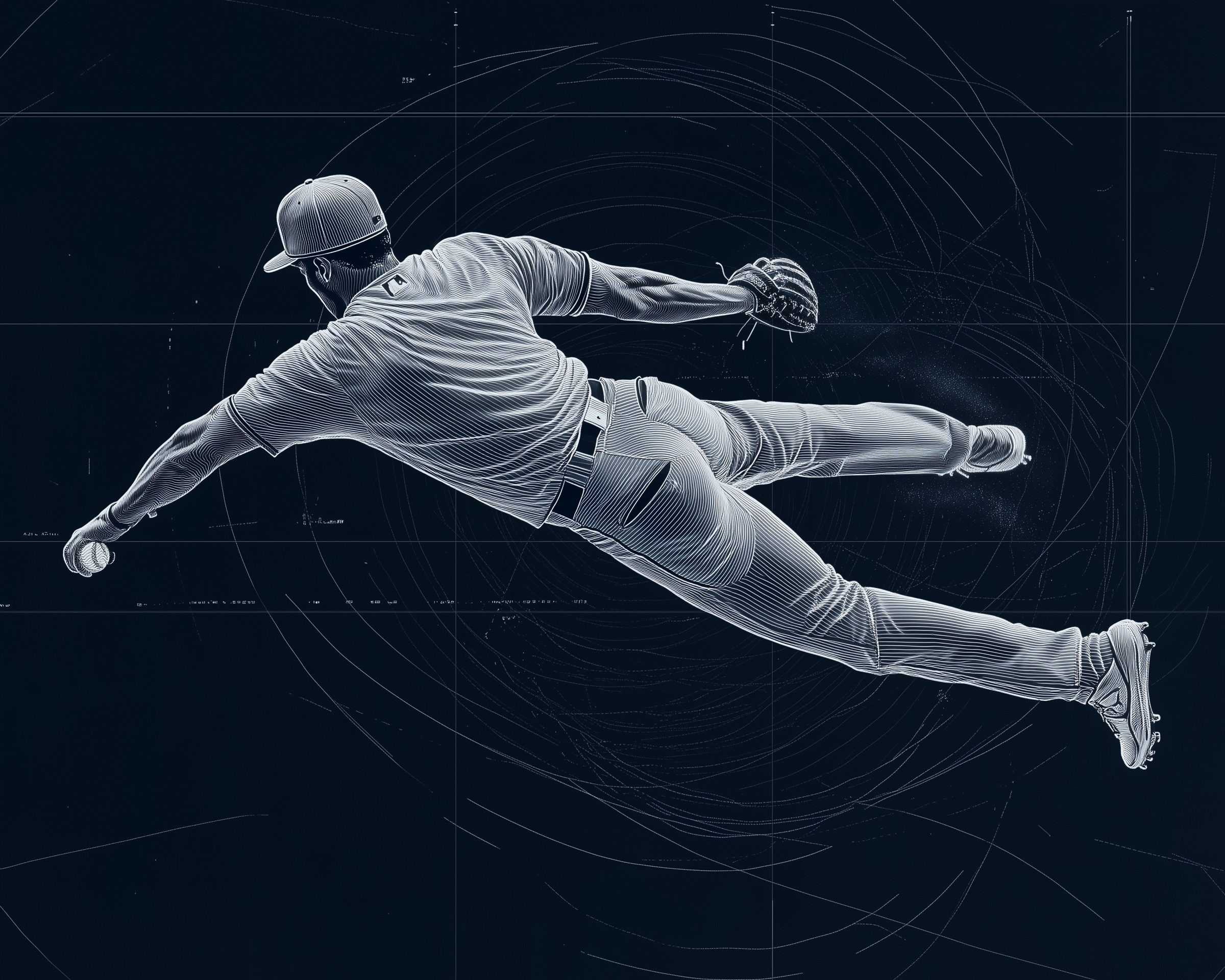 A stylized illustration of a baseball player diving mid-air, wearing a cap, jersey, and cleats, with one hand extended forward holding a baseball and the other reaching back with a glove. The background features swirling lines and grid patterns, adding a dynamic effect.