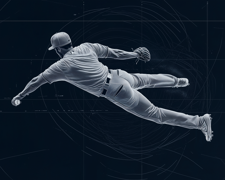 A stylized illustration of a baseball player diving mid-air, wearing a cap, jersey, and cleats, with one hand extended forward holding a baseball and the other reaching back with a glove. The background features swirling lines and grid patterns, adding a dynamic effect.