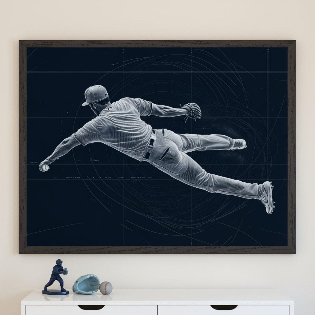Modern nursery with a white crib and light blue armchair. A large framed print of a baseball player diving in a blueprint-style rendering hangs centered above the crib.