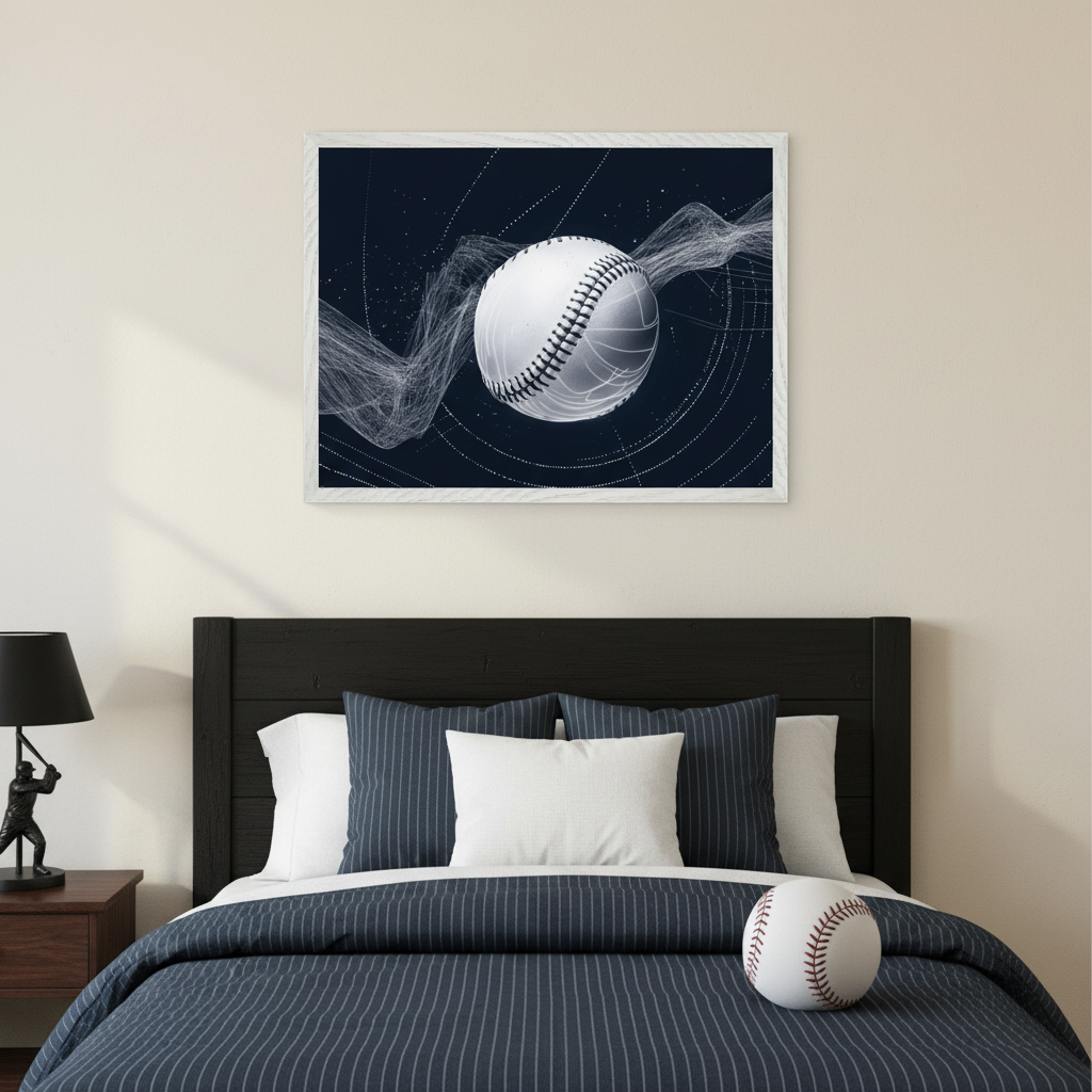 Kid's modern bedroom with a dark bed, striped bedding, and a nightstand with a lamp. A large framed art print depicting a stylized baseball with white stitching and abstract white lines on a dark background hangs centered above the bed. A real baseball rests on the bedding.