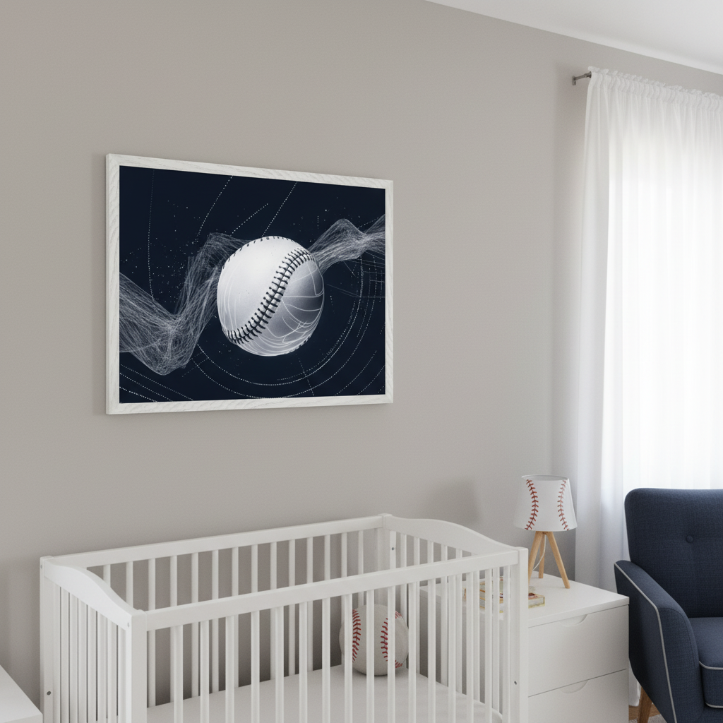 Modern nursery with a large framed print of a stylized baseball with abstract white lines on a dark background hanging on a light gray wall above a white crib containing a baseball. A white dresser with a baseball lamp and a navy armchair are to the right.