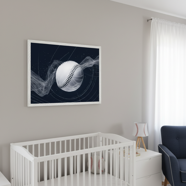 Modern nursery with a large framed print of a stylized baseball with abstract white lines on a dark background hanging on a light gray wall above a white crib containing a baseball. A white dresser with a baseball lamp and a navy armchair are to the right.