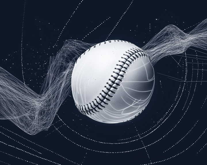 A white baseball with prominent stitching is set against a dark background, surrounded by dynamic, swirling lines and dots, creating an impression of motion and energy.