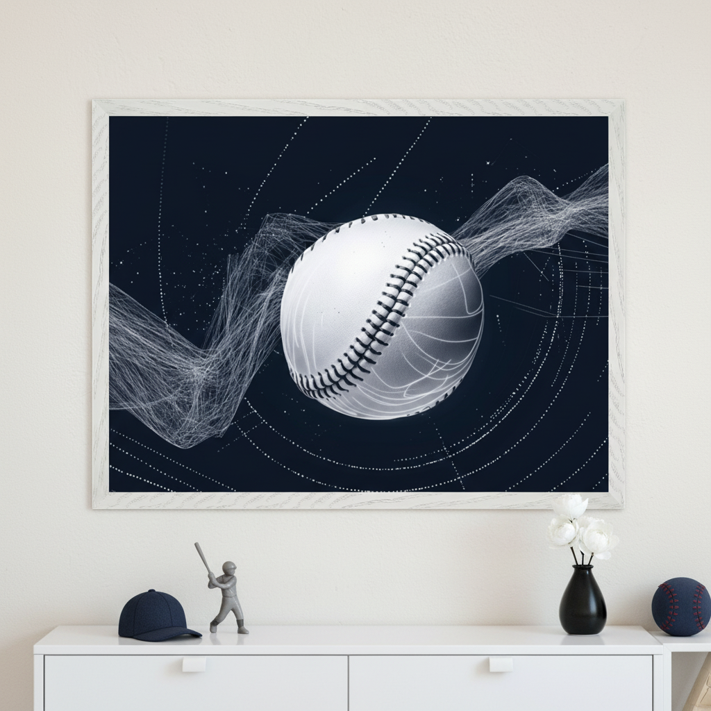 Framed digital artwork of a baseball suspended midair with swirling white motion trails and circular data-like lines against a dark navy background. Displayed above a white dresser with baseball-themed decor including a cap, figurine, and small sports ball.