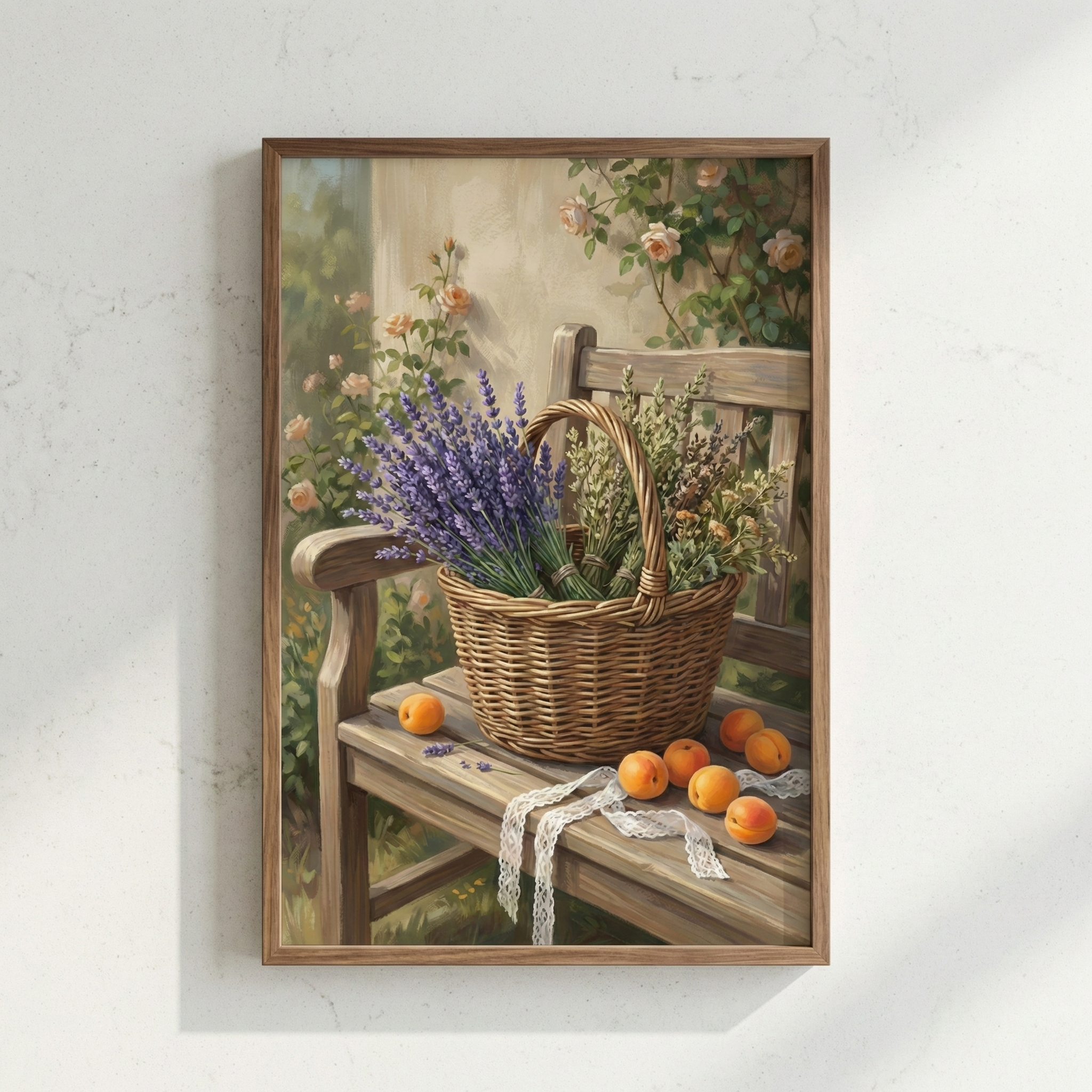 A framed painting depicts a rustic wooden bench with a wicker basket filled with lavender and other wildflowers. Several ripe apricots and a delicate lace ribbon are scattered on the bench. In the background, a garden wall is adorned with blooming roses.