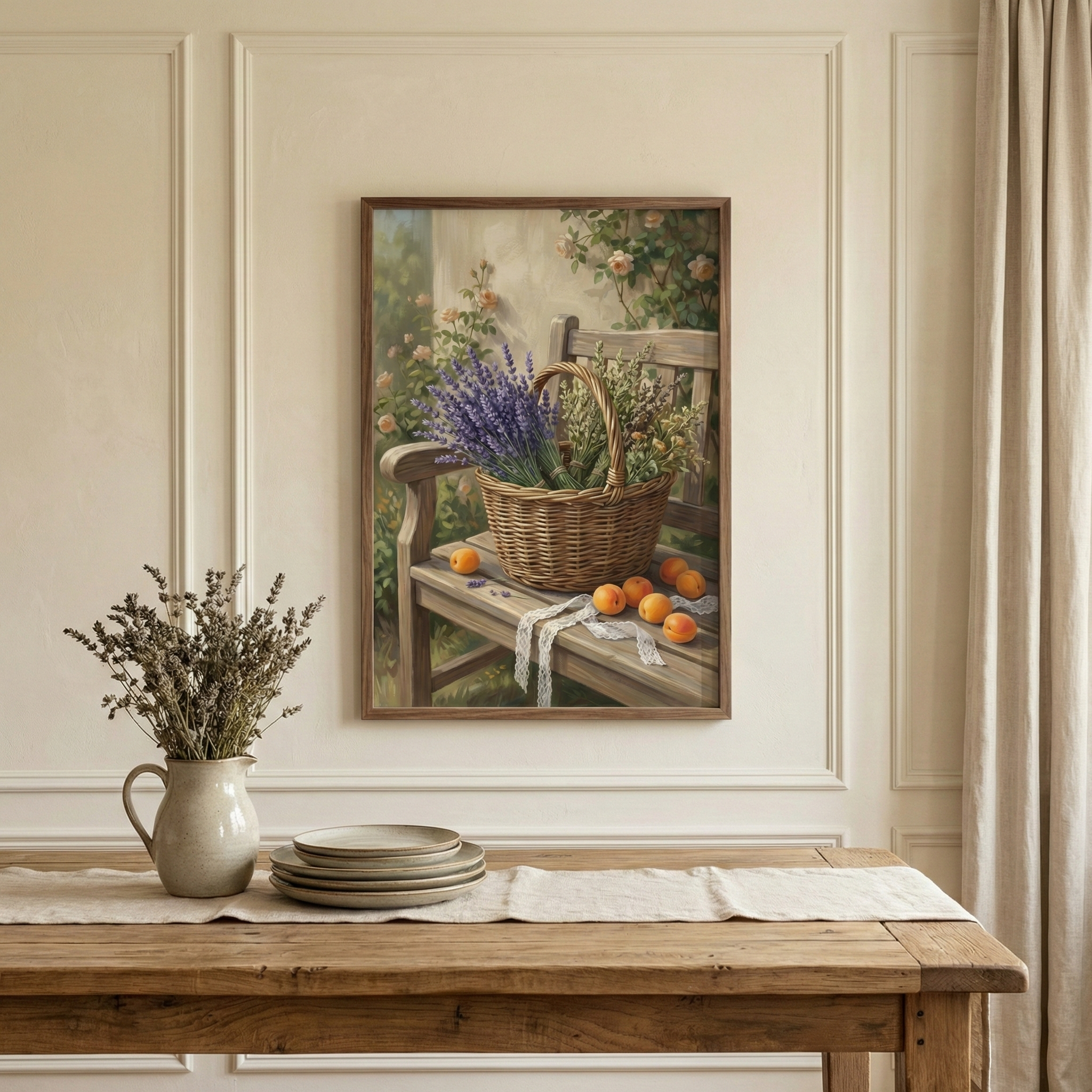 A rustic dining room features a wooden table adorned with stacked ceramic plates and a jug filled with dried flowers. A framed painting on the wall depicts a wicker basket with lavender and apricots on a garden bench, adding a touch of nature to the elegant setting.