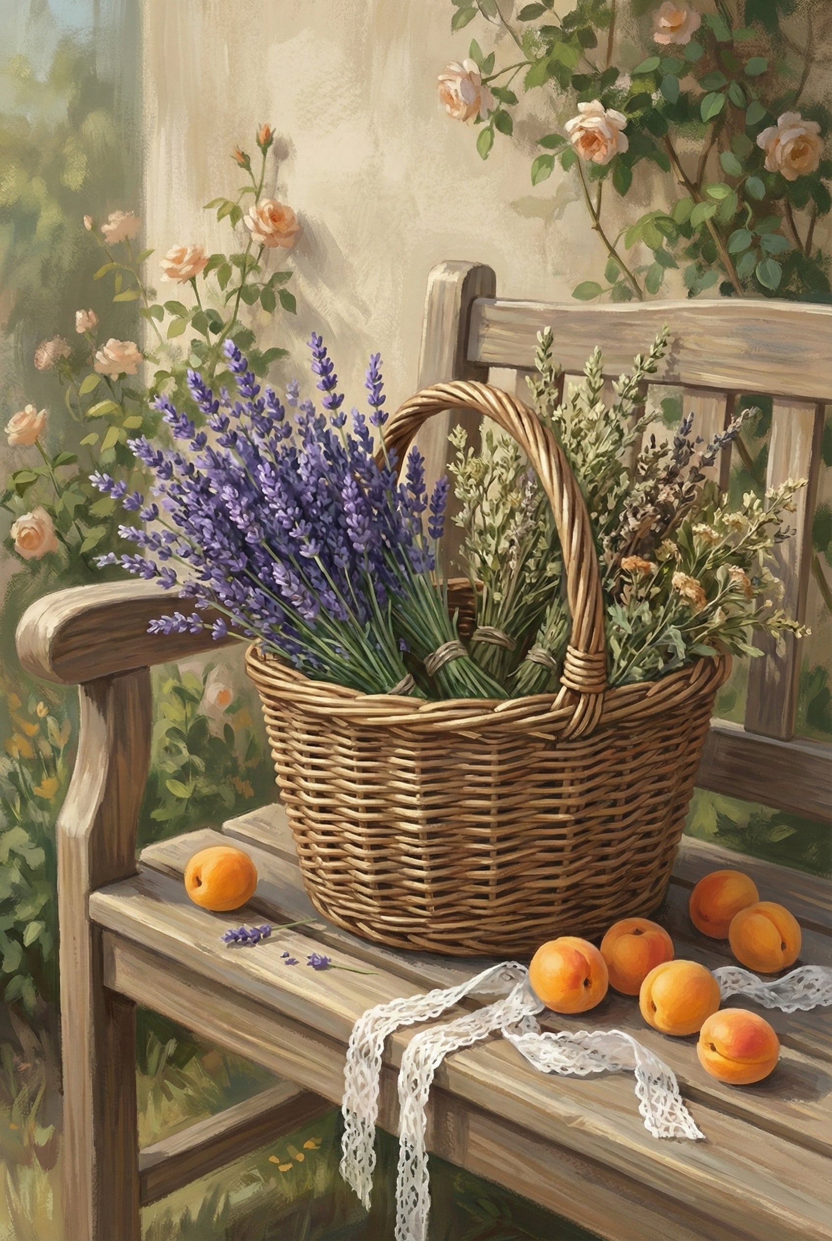 A wicker basket overflowing with bundles of vibrant purple lavender and dried herbs rests on a weathered wooden bench. Sunlight filters through the scene, illuminating scattered orange apricots and a delicate white lace ribbon draped across the bench planks. In the soft-focus background, climbing rose bushes with peach-colored blooms grow against a pale wall, creating a serene and rustic garden atmosphere. The overall aesthetic is romantic and peaceful, rendered in a soft illustrative style.