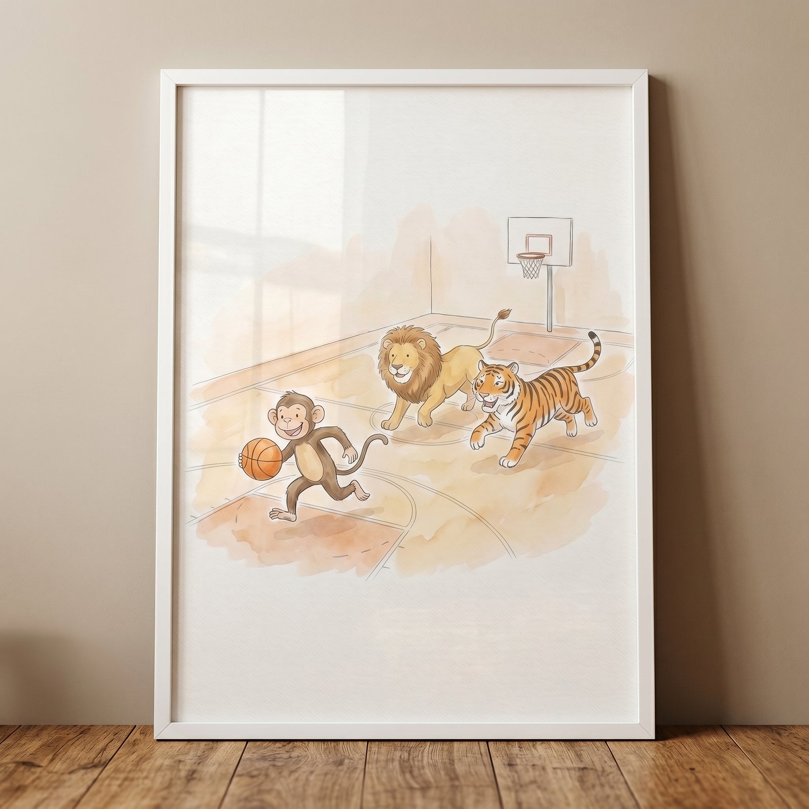 Watercolor monkey, lion, and tiger play on a basketball court sports animals wall art framed on a wall.