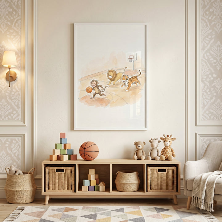 Basketball court sports animals wall art hangs in a room above a toy shelf with blocks, baskets, and stuffed animals.