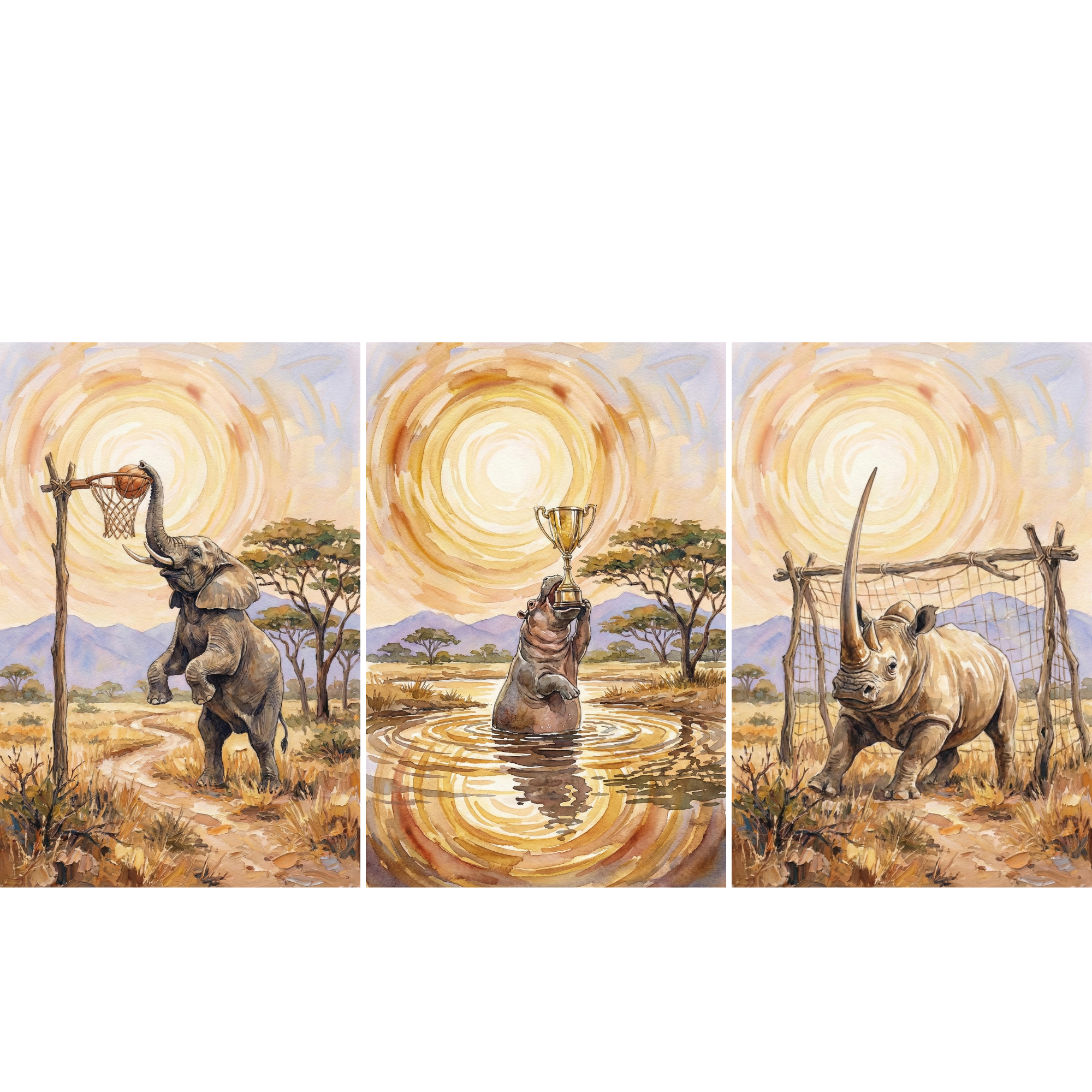 Three safari themed paintings displayed side by side show animals playing sports under a swirling golden sun. An elephant reaches up to dunk a basketball into a rustic hoop, a hippo stands in a watering hole holding a trophy, and a rhinoceros guards a handmade soccer goal in a warm savanna landscape.