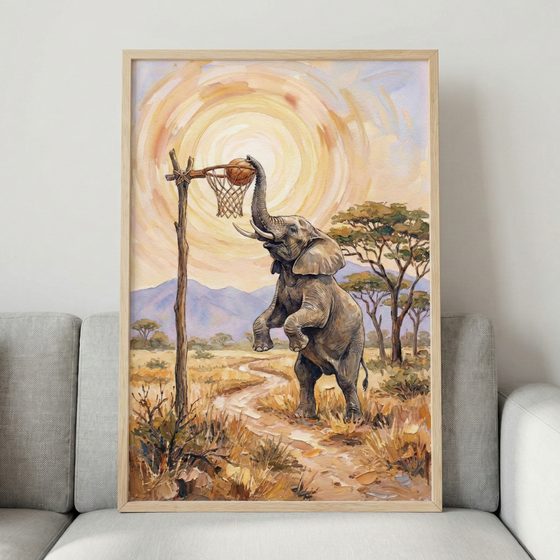 A framed artwork depicts an elephant standing on its hind legs in a savanna landscape. The animal uses its trunk to drop a basketball into a rustic hoop made from a weathered wooden post and a woven net. A winding dirt path leads through dry grass toward distant purple mountains. Large, leafy trees dot the horizon under a sky featuring a massive, swirling golden sun. The piece is encased in a light wood frame and rests against the cushions of a modern gray sofa.