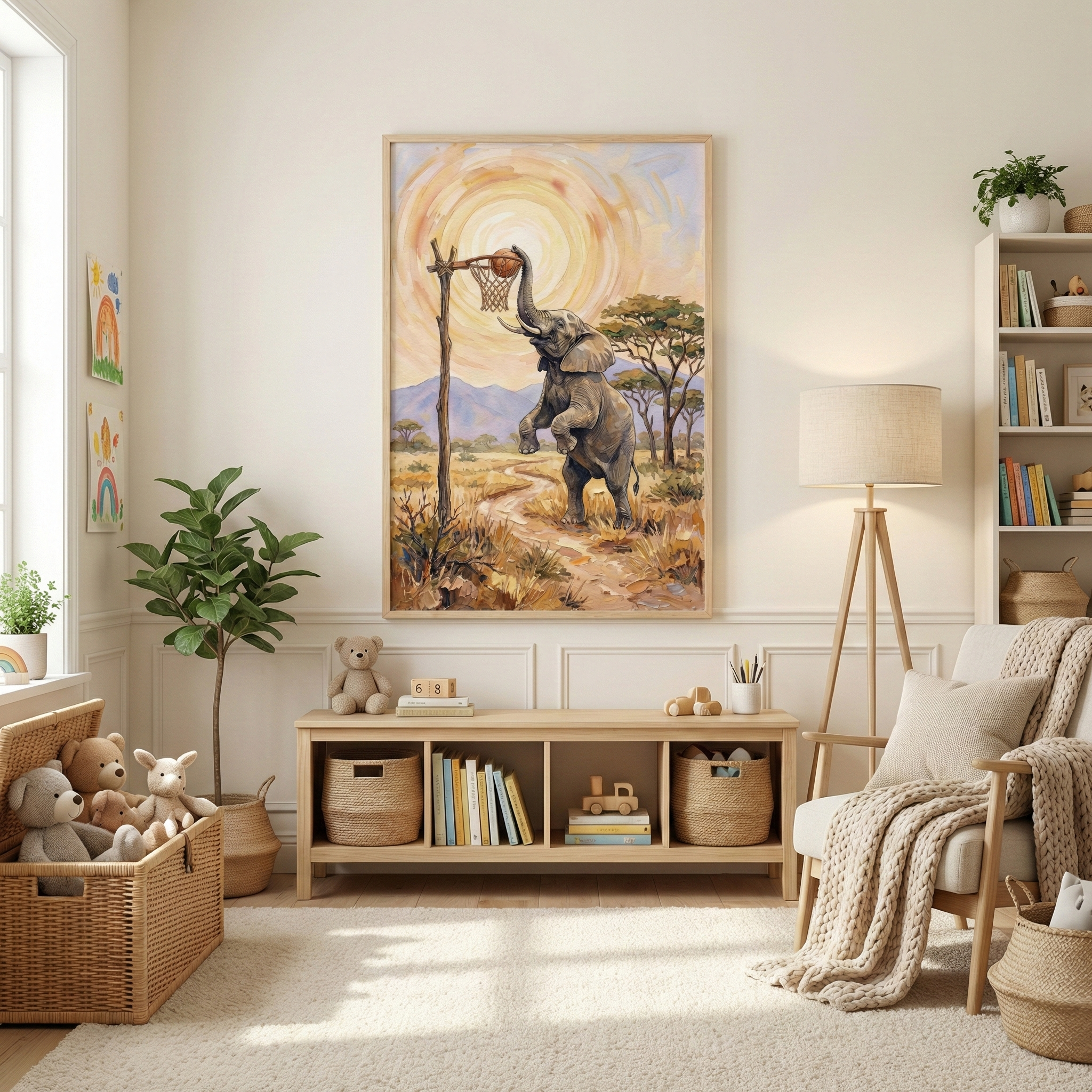 A bright, neutral-toned child’s nursery or playroom. The focal point is a large framed illustration on the wall showing an elephant in a savanna, standing on its hind legs to put a ball into a rustic hoop. Below the artwork sits a light wood shelf with woven baskets and toys. To the left, a wicker chest is filled with soft plush animals like teddy bears. An armchair with a thick knit throw, a tripod floor lamp, and a tall bookshelf complete the cozy, sunlit space.