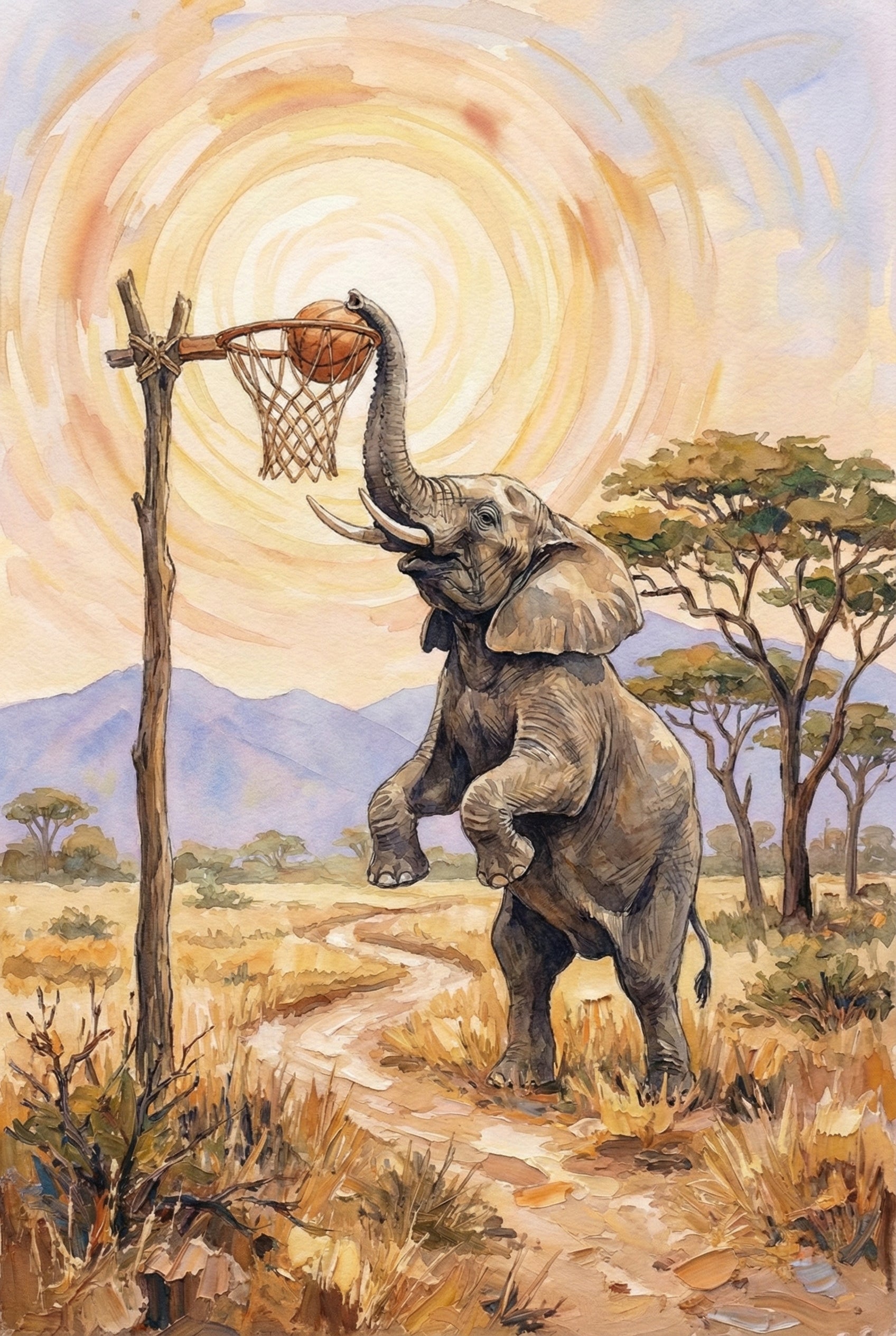 A vertical watercolor illustration shows an African elephant standing on its hind legs in a sun-drenched savanna. The elephant uses its trunk to drop a basketball into a rustic hoop crafted from wooden branches. In the background, a large, swirling golden sun fills the sky above a landscape of acacia trees, mountains, and a winding dirt path. The artwork features visible, textured brushstrokes and a warm color palette of ochre, tan, and soft blue.