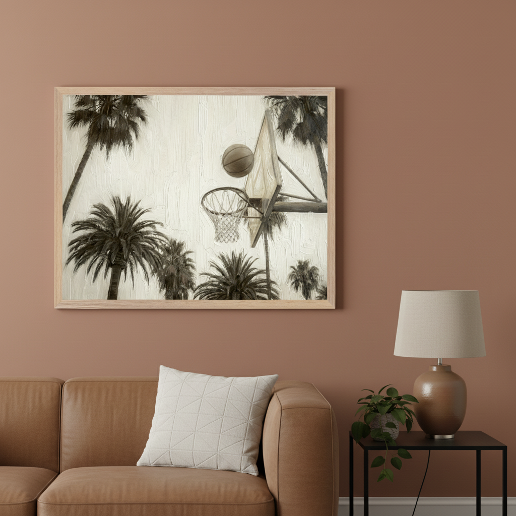 Living room with a brown leather sofa. A large framed sepia-toned, textured painting of a basketball entering a hoop amidst palm trees hangs above the sofa. A black side table with a brown lamp and a plant sits to the right of the sofa.