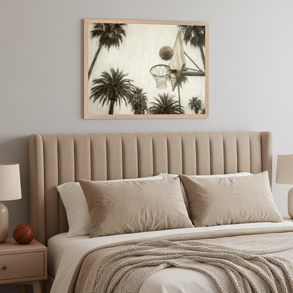 Modern bedroom with a beige upholstered bed and matching pillows. A large framed print of a black and white basketball hoop and palm trees hangs centered above the bed. A small wooden nightstand with a lamp and a basketball is to the left.