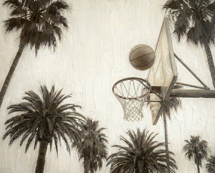 A painted basketball wall art piece featuring a basketball mid-air near a hoop with tall palm trees in the background capturing a relaxed outdoor vibe suitable for kids’ or adults’ spaces.
