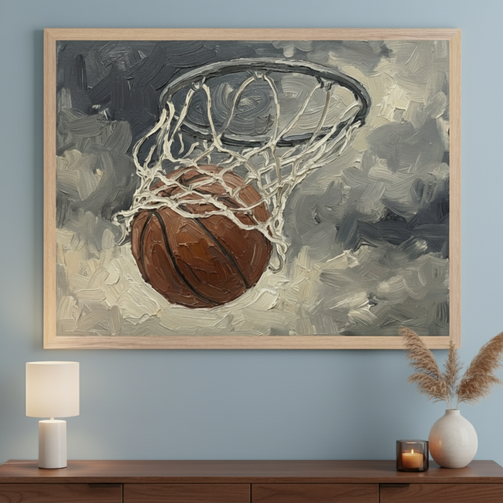 Modern living room with a dark wood dresser. A large framed impasto painting of a basketball in a net hangs centered above the dresser. A white lamp is on the left, and a vase with dried grass and a candle are on the right.
