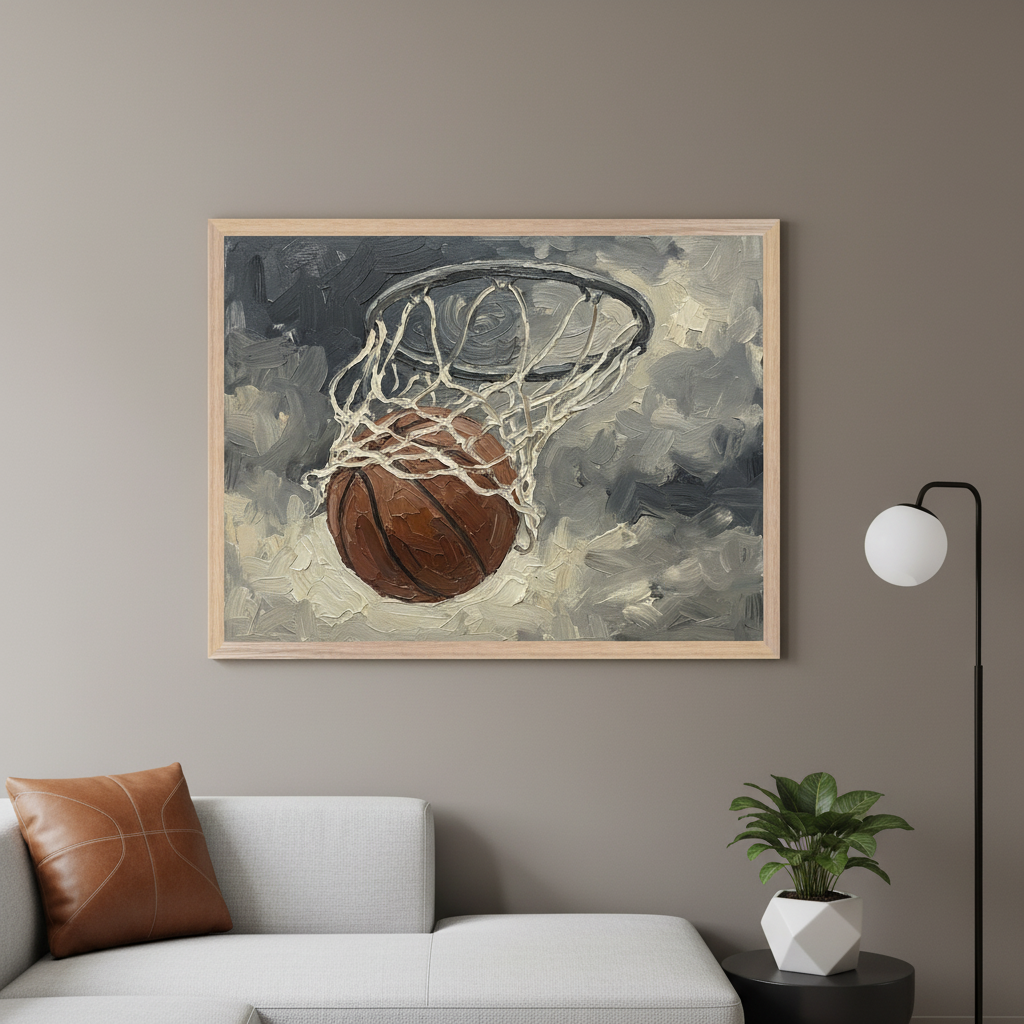 Modern living room with a grey sectional sofa. A large framed oil painting of a basketball going through a net with visible brushstrokes hangs above the sofa. A brown leather basketball-themed pillow rests on the sofa. A floor lamp and a potted plant on a black side table are to the right.