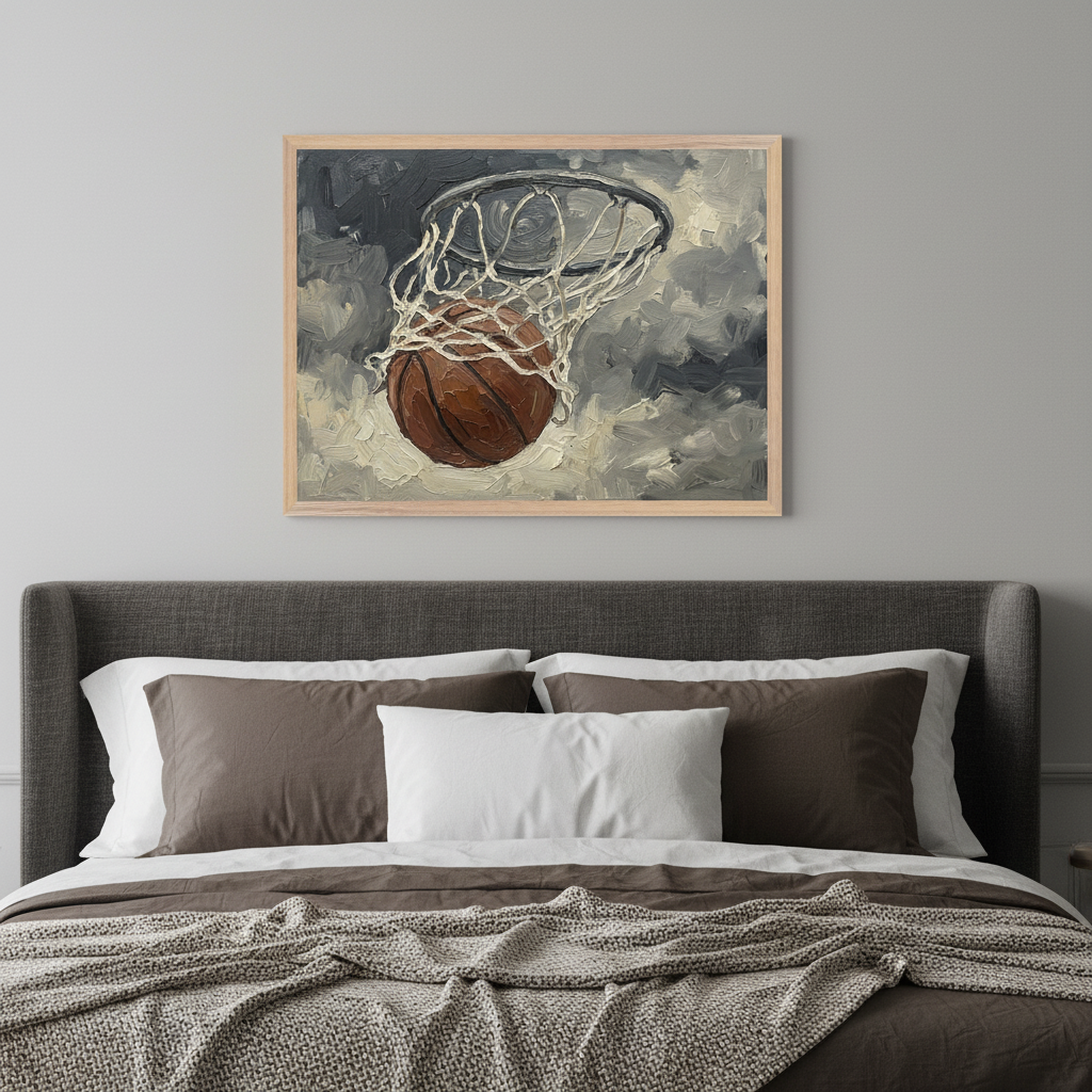 Modern bedroom with a dark gray upholstered bed. A framed oil painting of a basketball falling through a net with an abstract gray background hangs centered above the bed.