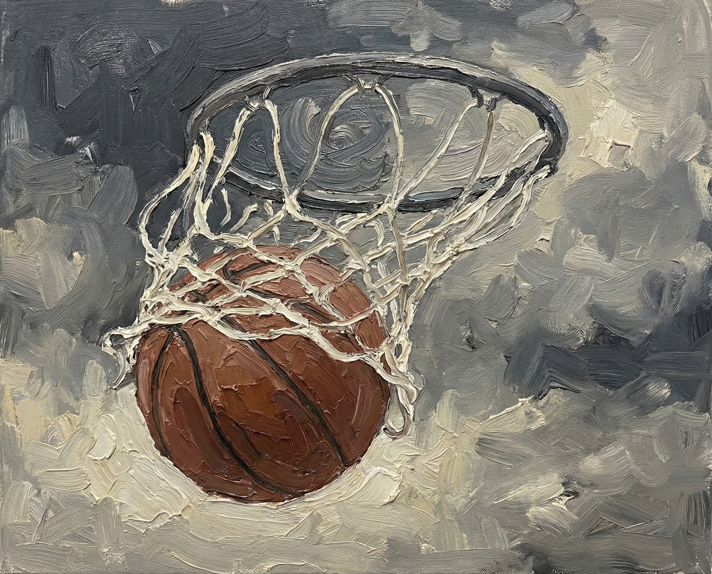 A textured painting of a basketball just passing through the hoop’s net with dramatic brushstrokes and contrast creating a dynamic and sporty piece of wall art.
