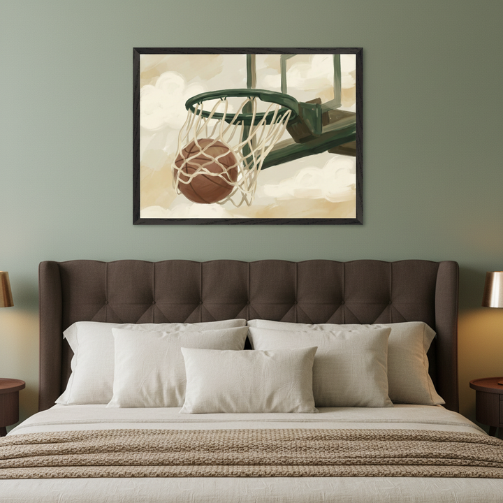 Modern bedroom with a dark brown tufted bed. A framed painting of a basketball going through a hoop, in an artistic style with a cloudy background, hangs centered above the bed.