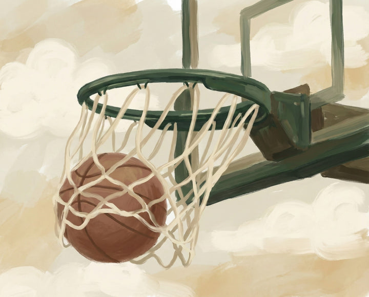 A warm-toned artwork of a basketball settling in a hoop with soft beige clouds in the background offering a calm and inspiring design for basketball-themed wall decor.

