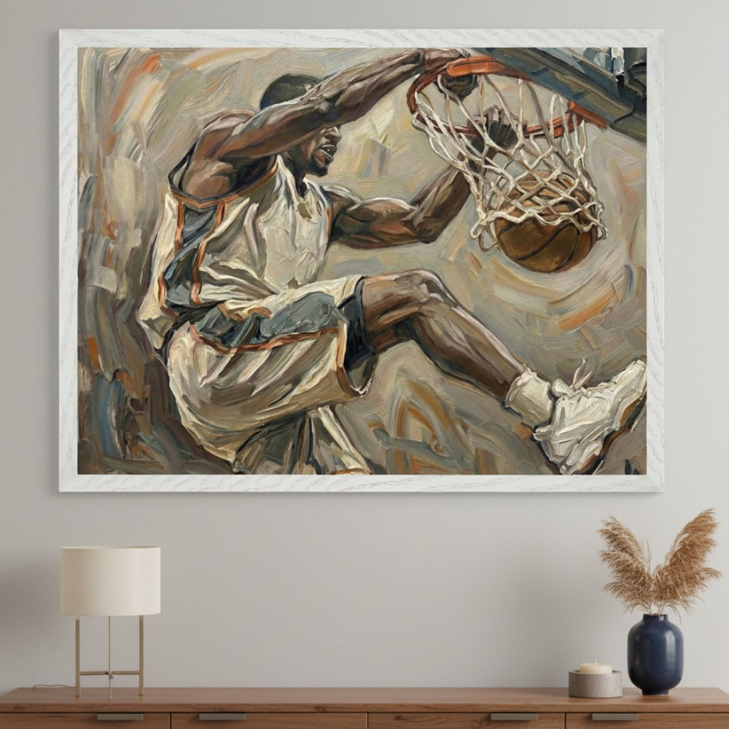 Contemporary living room with a wooden console table. A large white-framed impasto painting of a basketball player mid-dunk, hanging from the rim, hangs centered above the table. A modern lamp and vase are on the table.