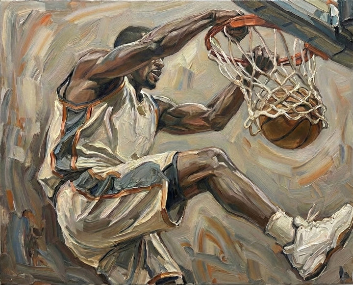 An expressive painting of a male player mid-air slamming a basketball into the hoop showcasing athletic energy and movement ideal for sporty wall art for all ages.
