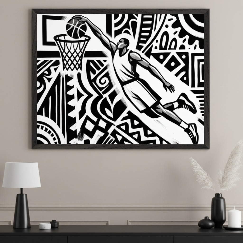 Modern room with a black credenza. A large framed black and white abstract artwork hangs centered above, depicting a basketball player dunking into a hoop against a background of geometric and tribal patterns.
