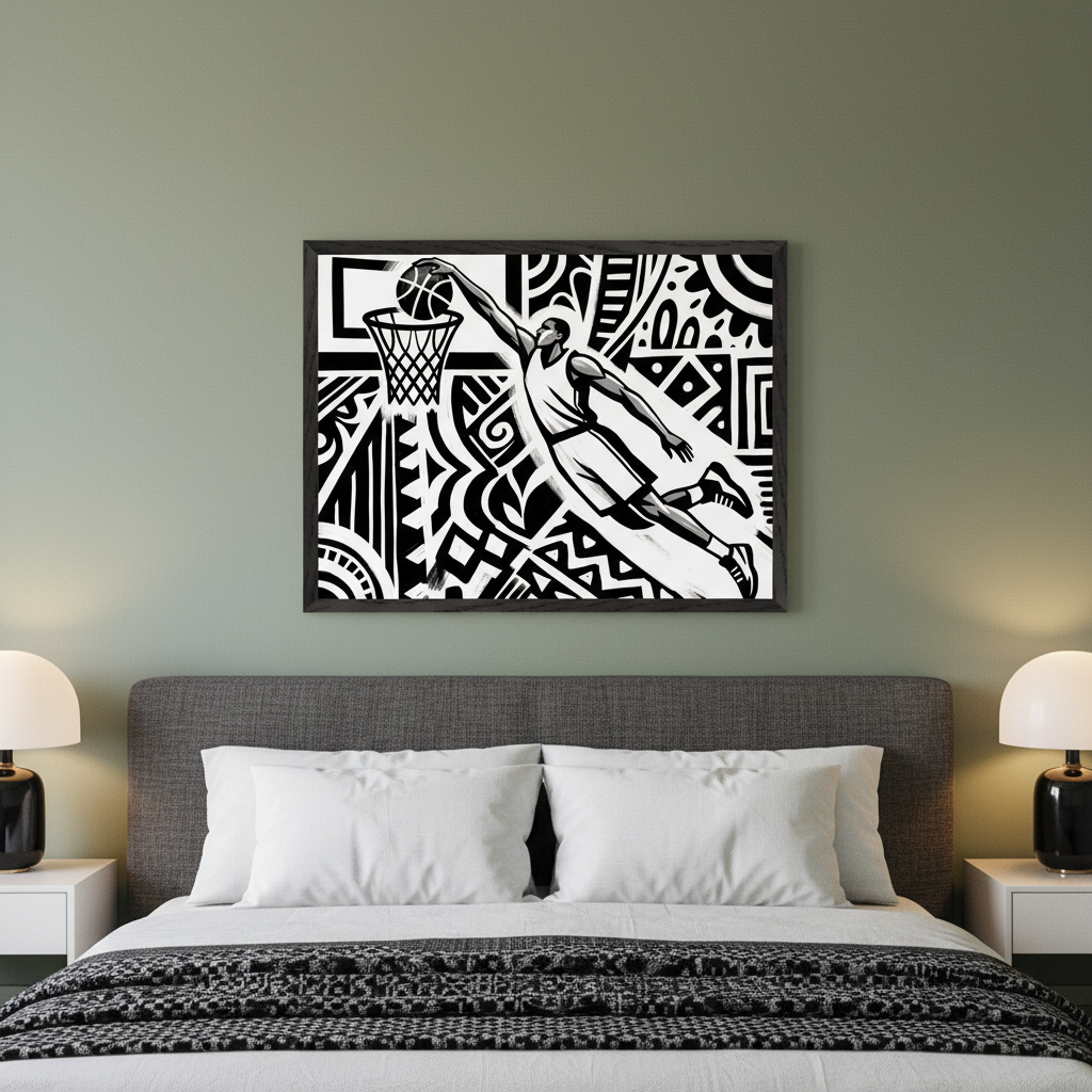 Modern bedroom with a bed, gray headboard, white pillows, and nightstands. A large framed black and white artwork featuring a basketball player dunking over graphic tribal patterns hangs centered above the bed.