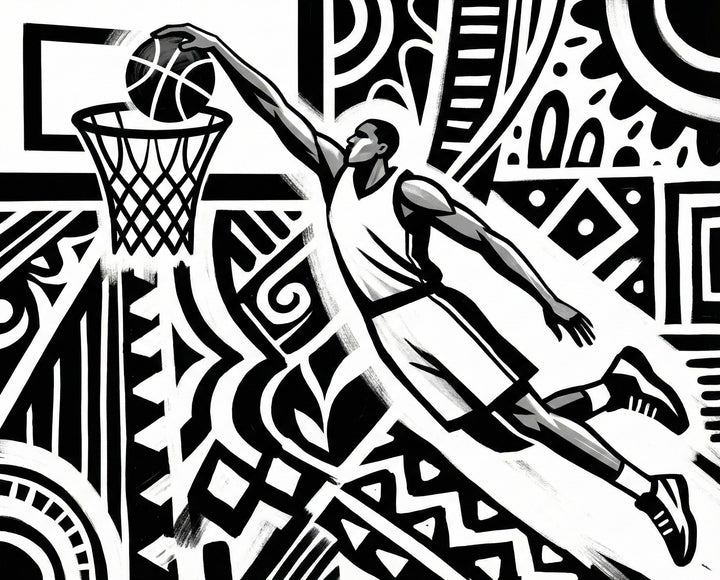 A  high-contrast graphic artwork of a basketball player dunking with geometric tribal-inspired patterns in the background making it a striking statement piece for youth or modern adult spaces.
