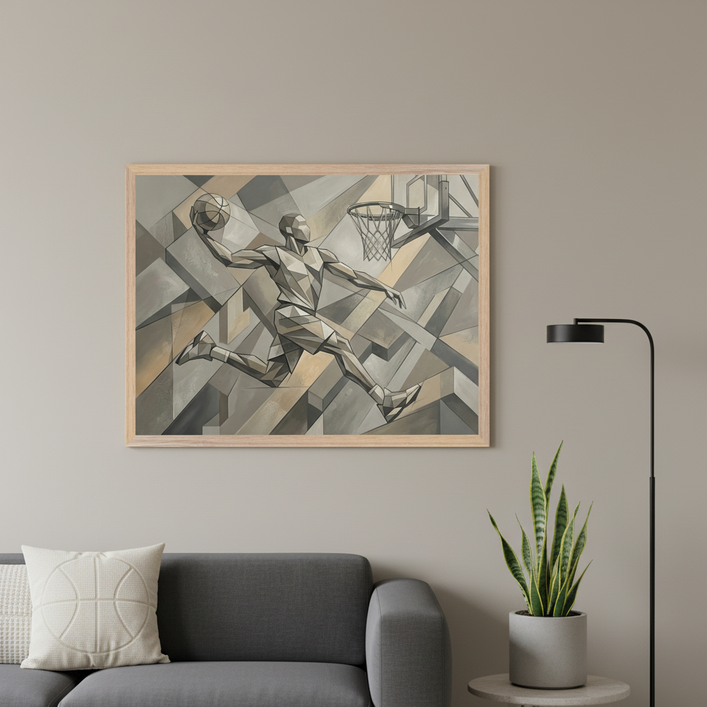 Modern living room with a gray sofa. A large framed geometric painting of a basketball player dunking hangs above the sofa. A black floor lamp and a snake plant in a concrete pot are on a side table to the right. A decorative pillow with a basketball pattern rests on the sofa.