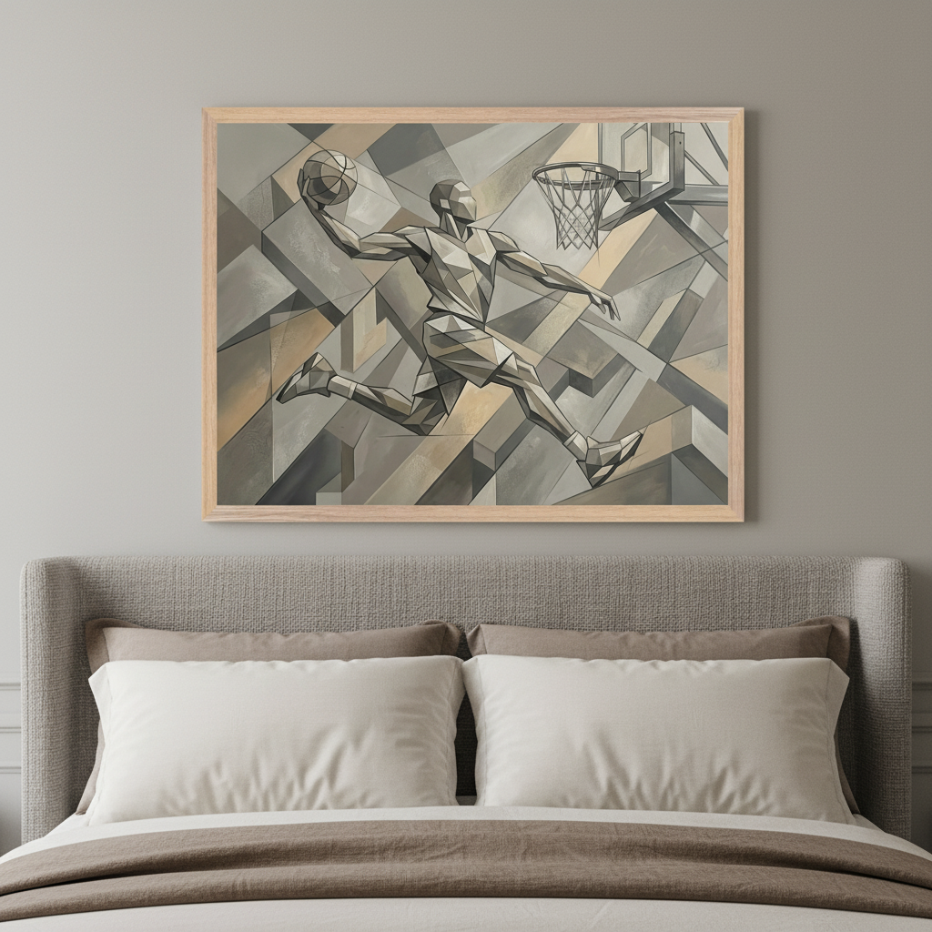 Modern bedroom with a gray upholstered bed. A large framed geometric painting of a basketball player dunking, in muted grays, beiges, and browns, hangs centered above the bed.