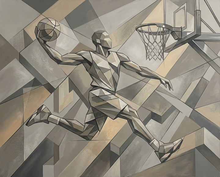 A faceted and angular art piece showing a polygonal figure mid-jump aiming for a basketball hoop blending contemporary design with athletic form perfect for modern basketball wall art collections.
