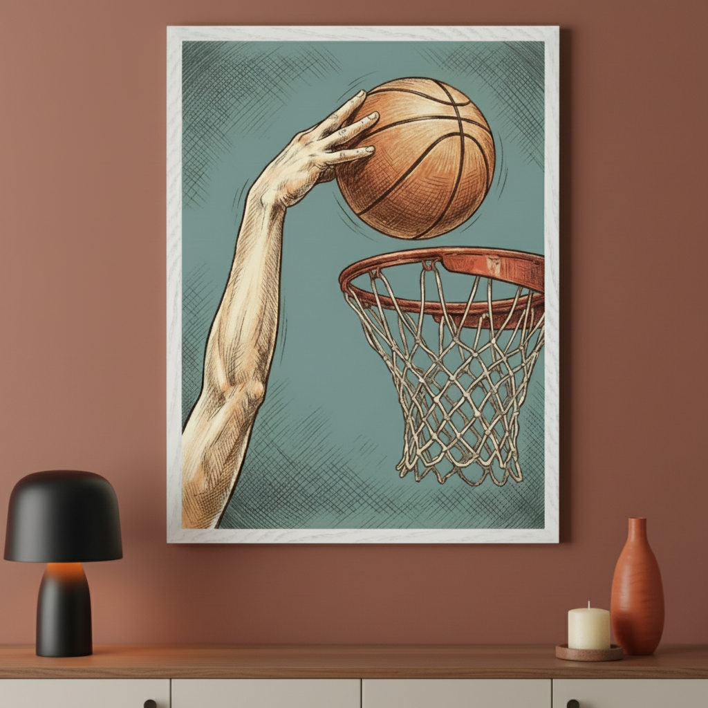 Modern room with a light wood cabinet against a rust-colored wall. A framed illustration of an arm holding a basketball over a hoop, in a cross-hatch style, hangs above the cabinet. A black lamp, a terracotta vase, and a candle are on the cabinet.