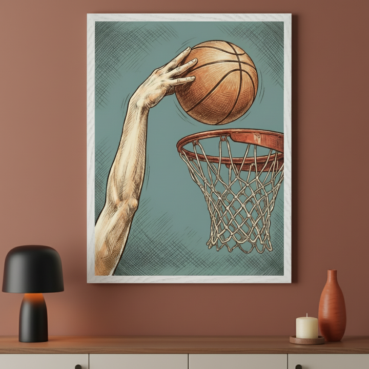 Modern room with a light wood cabinet against a rust-colored wall. A framed illustration of an arm holding a basketball over a hoop, in a cross-hatch style, hangs above the cabinet. A black lamp, a terracotta vase, and a candle are on the cabinet.